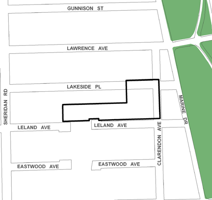 Lakeside/Clarendon TIF district, repealed in 2012, was roughly bounded on the north by Lakeside Place, Leland Avenue on the south, Clarendon Avenue on the east and Sheridan Road on the west.